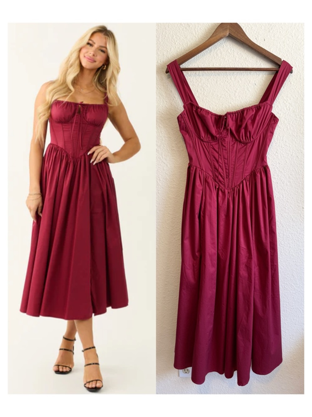 Violette Burgundy Midi Dress with Corset Bodice – Size S